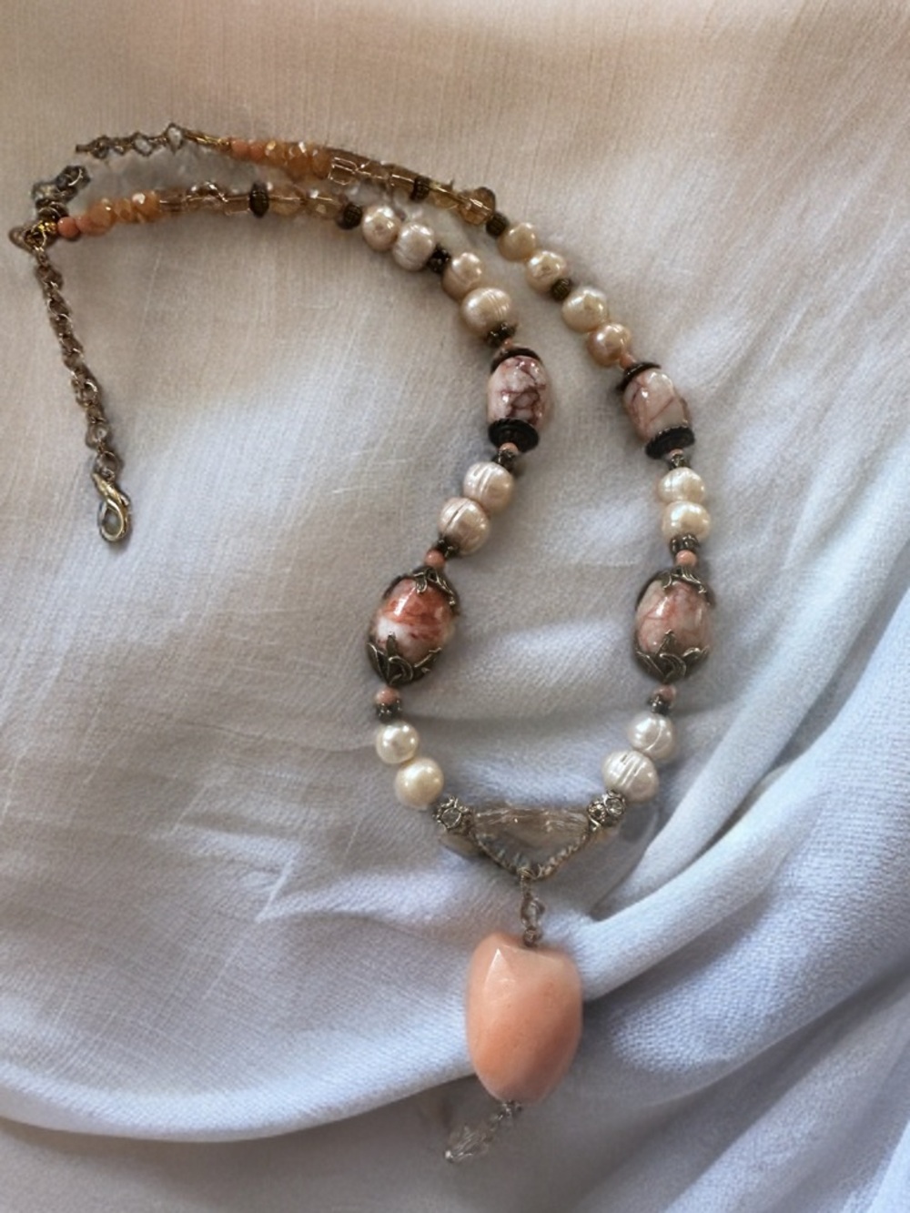 Artisan Pink Pearl and Peach Coral Necklace - Women Jewelry